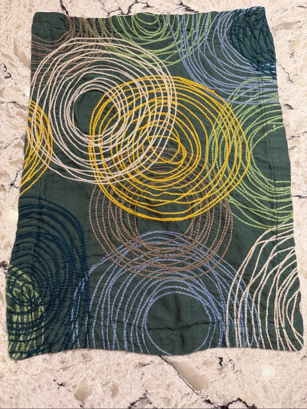 Crate & Barrel Cirque Embroidered Placemats Teal Green Yellow Brown - Set of 4